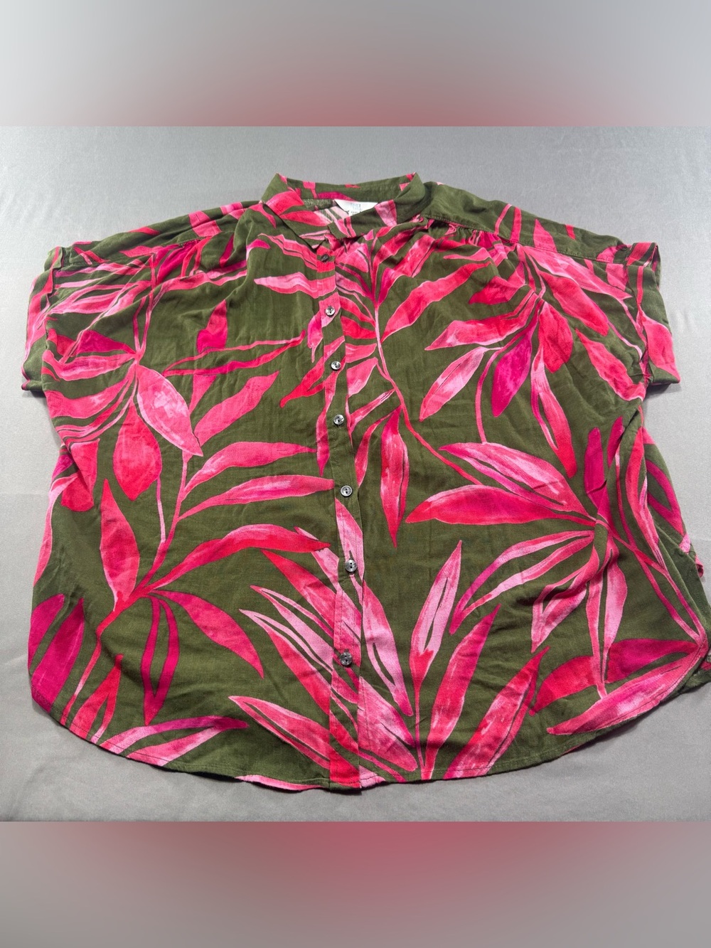 Time and Tru XXXL 22 Tropical Leaf Print Blouse Pink Green Short Sleeve Top
